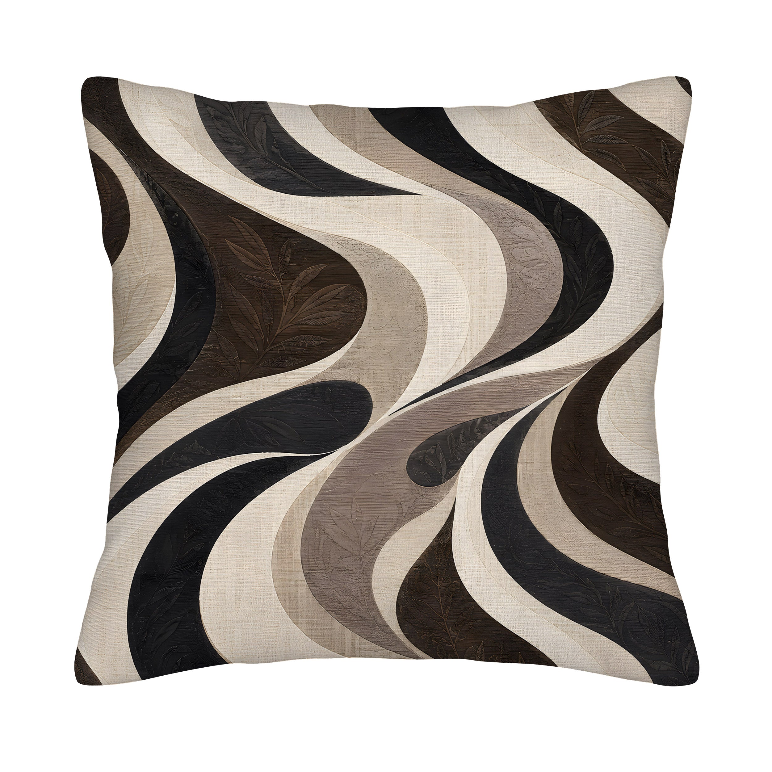 A square decorative throw pillow cover isolated on a pure white background, featuring a modern retro fluid design with swirling wavy lines in black, charcoal, cream, and taupe with embossed leaf textures.