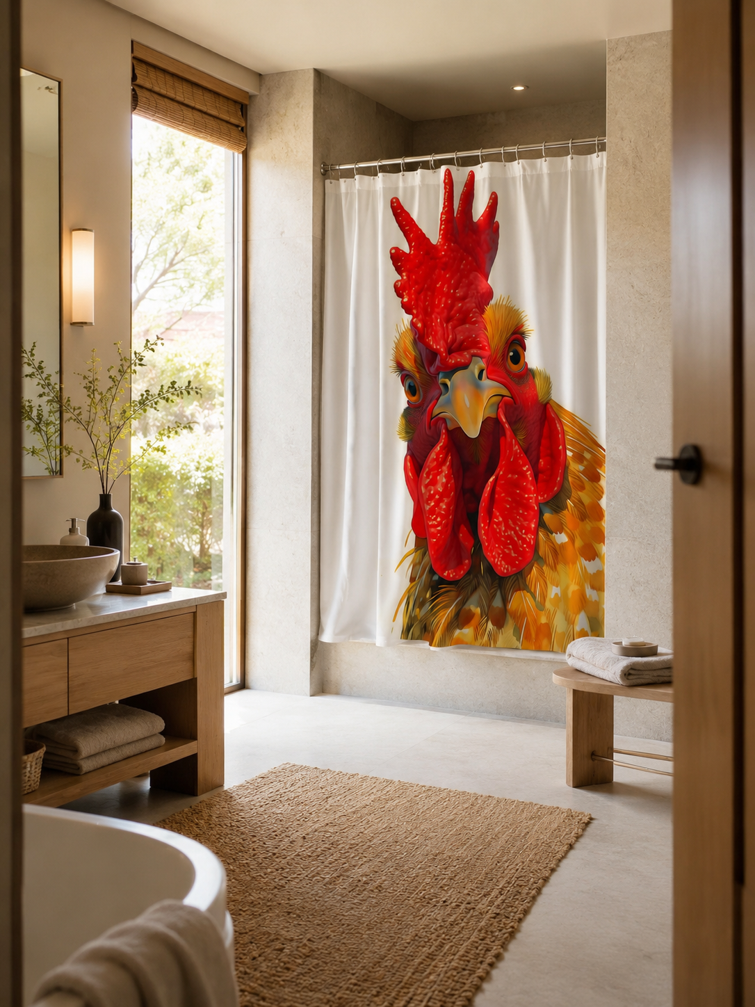 Funny rooster fabric shower curtain in a bright modern bathroom with large glass windows.