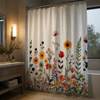 Botanical wildflower shower curtain displayed in a modern slate gray bathroom next to a dark wood vanity.
