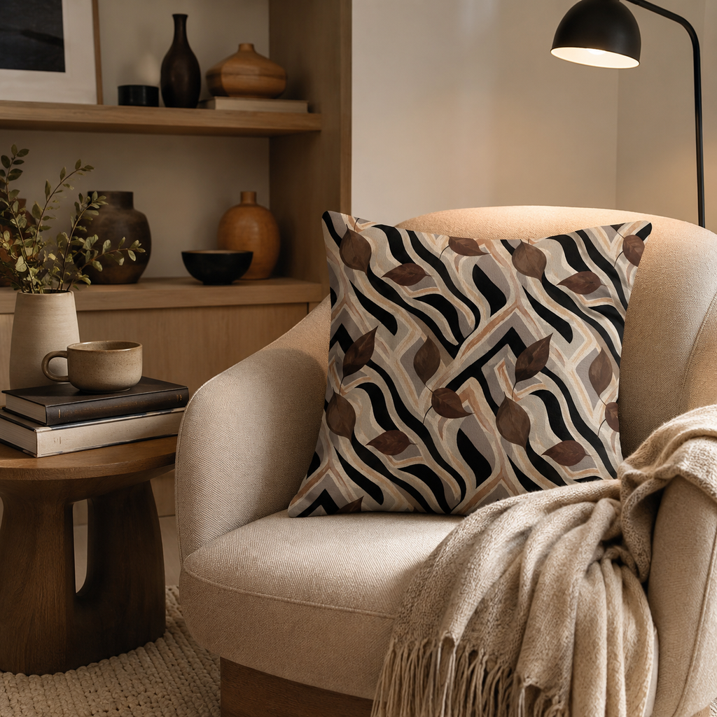 A stylish abstract zebra and fall leaf pattern throw pillow resting on a beige bouclé armchair, paired with a modern black floor lamp and a rustic wooden side table with stacked books.