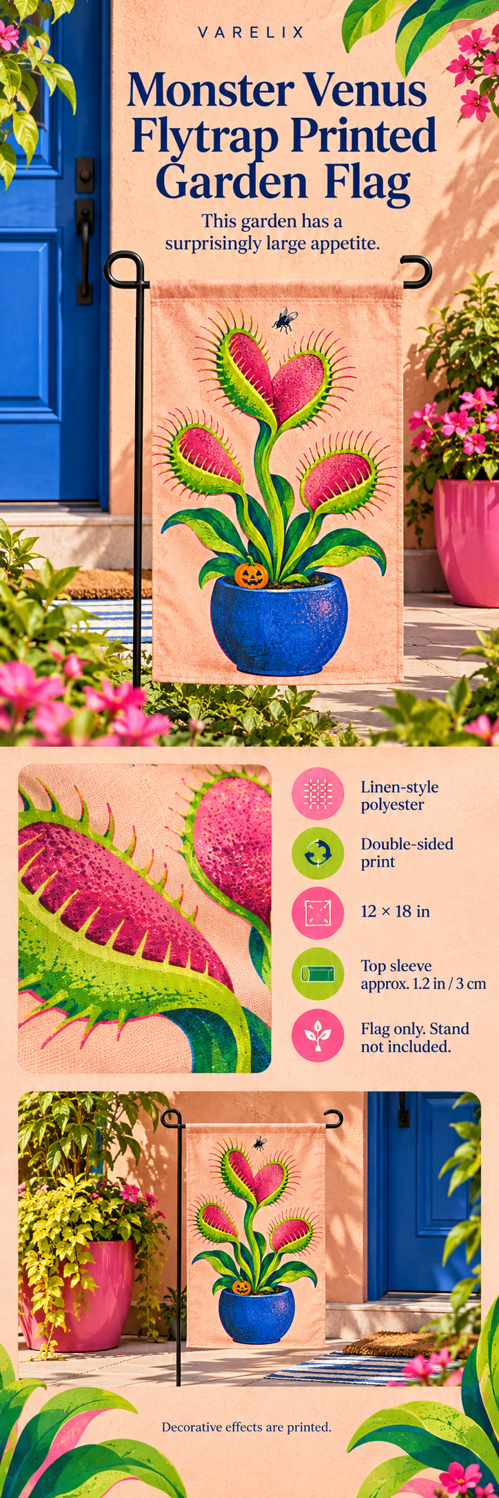 Monster Venus Flytrap Printed Garden Flag by VARELIX, A+ detail poster with verified material, sizes and included items.