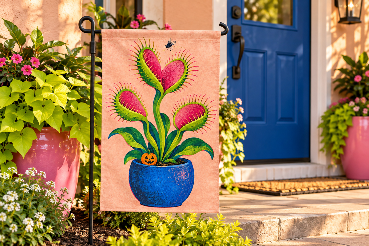 Monster Venus Flytrap Printed Garden Flag, lifestyle view 1: One flag on a simple separate black L-shaped garden stake beside a front porch planter, all of the flag readable, late-afternoon natural light.