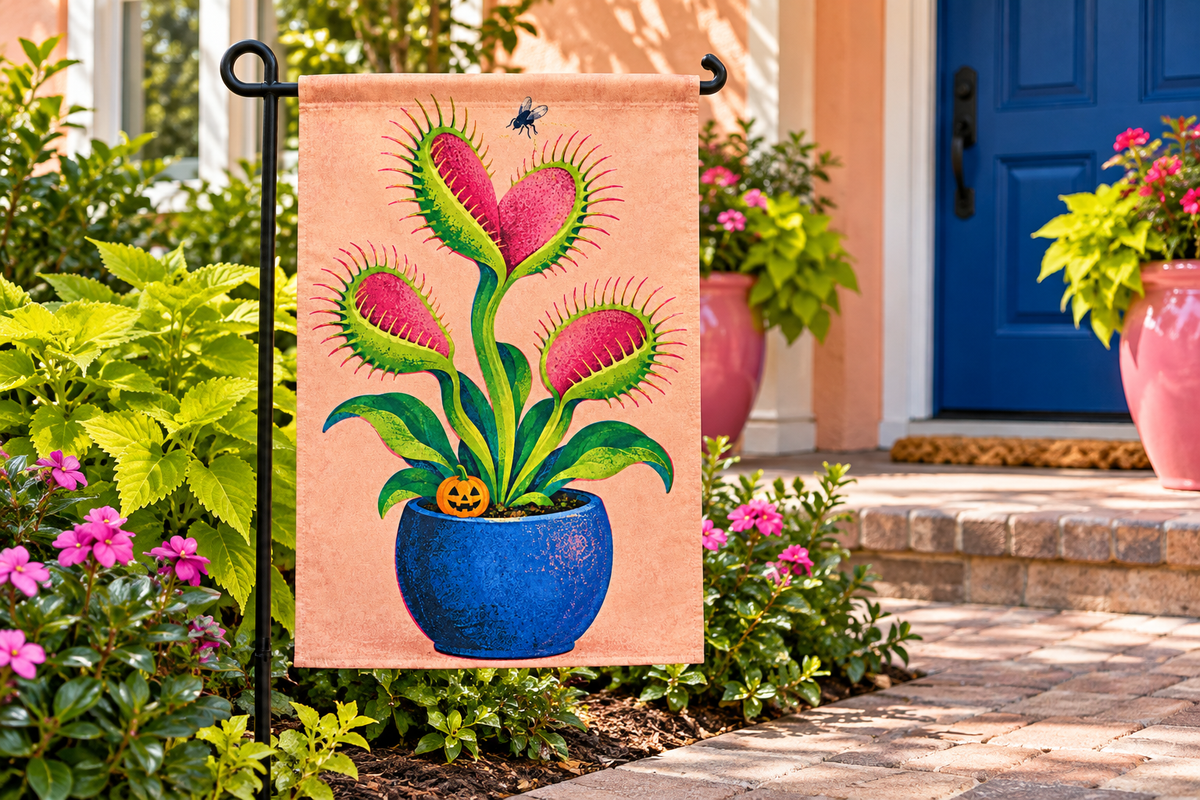 Monster Venus Flytrap Printed Garden Flag, lifestyle view 2: One flag on a separate black garden stake along a short garden path, lower garden view with planting behind; no people, full rectangle visible.