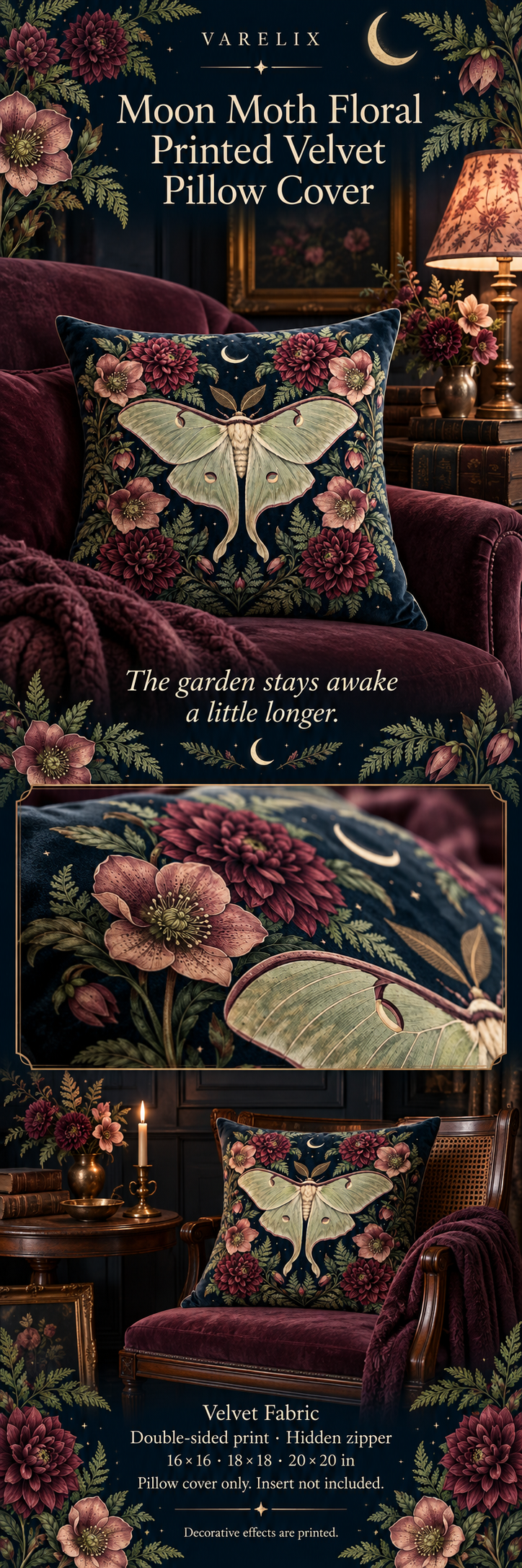 Moon Moth Floral Printed Velvet Pillow Cover by VARELIX, A+ detail poster with verified material, sizes and included items.