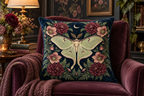 Moon Moth Floral Printed Velvet Pillow Cover, lifestyle view 1: Placed upright on an accent chair, nearly frontal with full print clearly visible; room-wide interior composition.