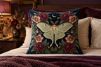 Moon Moth Floral Printed Velvet Pillow Cover, lifestyle view 3: Centered in front of plain pillows on a neatly made guest bed; eye-level composition, believable 18-inch pillow scale.