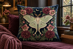 Moon Moth Floral Printed Velvet Pillow Cover, lifestyle view 4: Close editorial view on an indoor window bench, full pillow and all edges visible, gentle side light reveals the real textile texture.