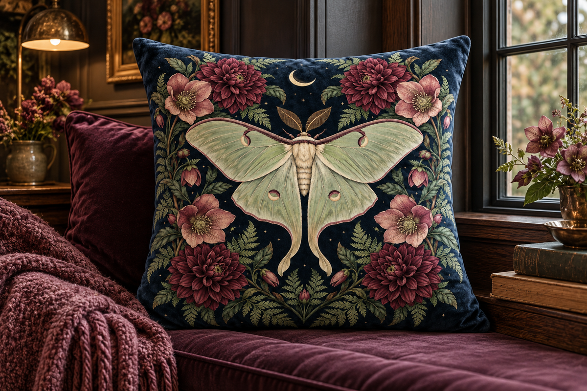 Moon Moth Floral Printed Velvet Pillow Cover, lifestyle view 4: Close editorial view on an indoor window bench, full pillow and all edges visible, gentle side light reveals the real textile texture.