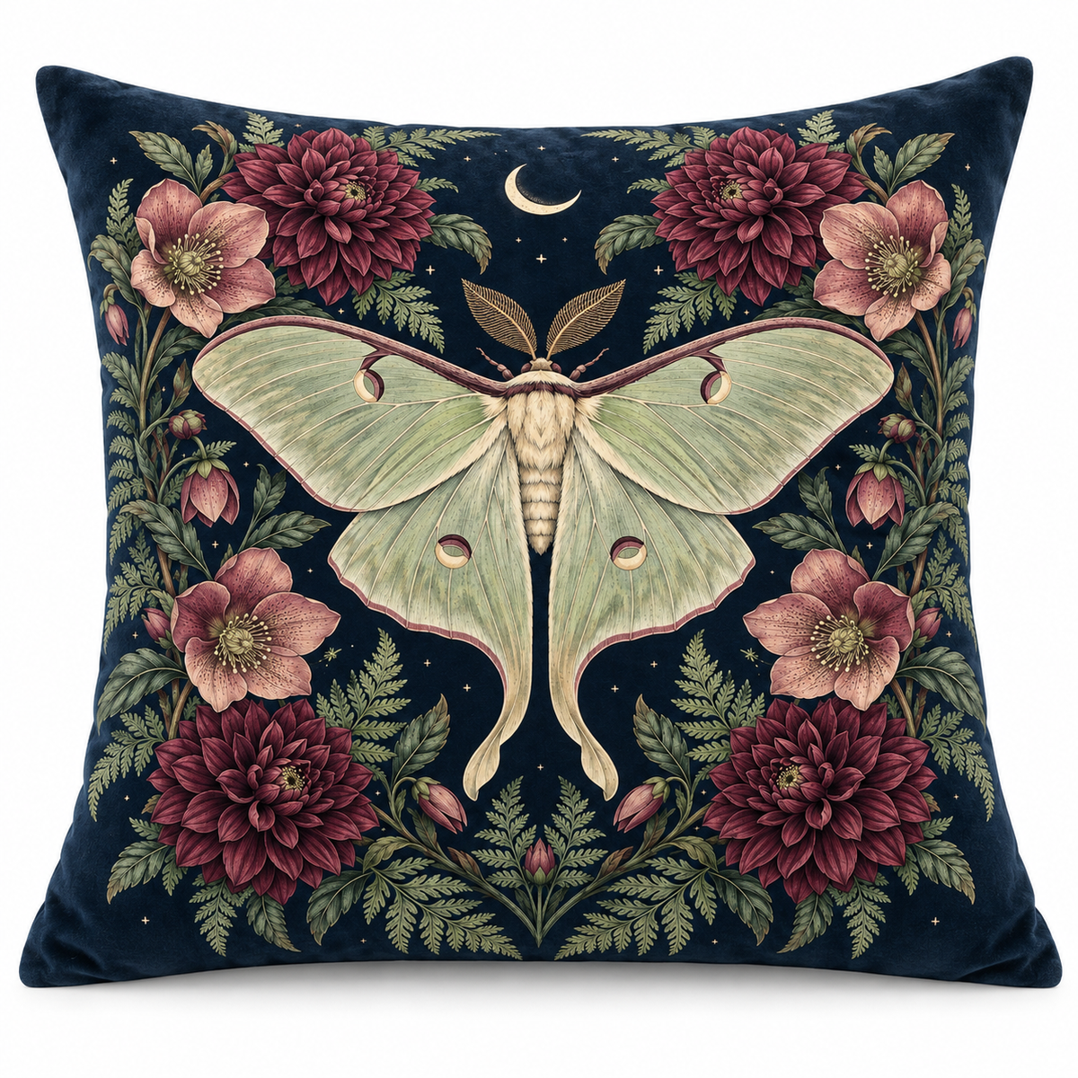 Moon Moth Floral Printed Velvet Pillow Cover on a white background, showing the complete printed design.