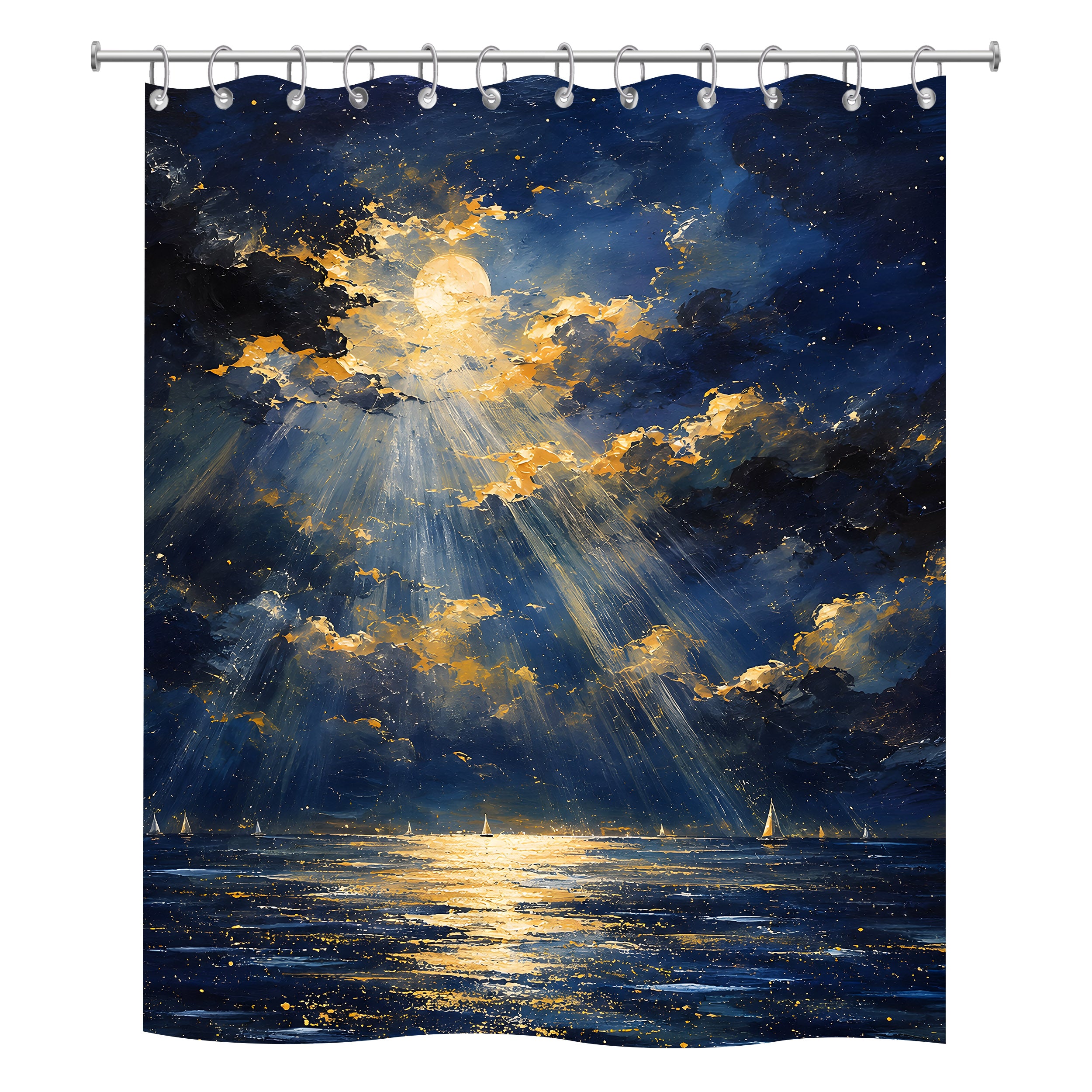 A square polyester shower curtain isolated on a pure white background, featuring a rich oil painting texture of golden moonlight breaking through dark blue clouds over a calm ocean with sailboats.