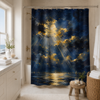 A moonlight ocean impressionist oil painting shower curtain hanging beside a white bathtub in a bright coastal bathroom, featuring a marble vanity, wooden stool, and a large window with ocean view.