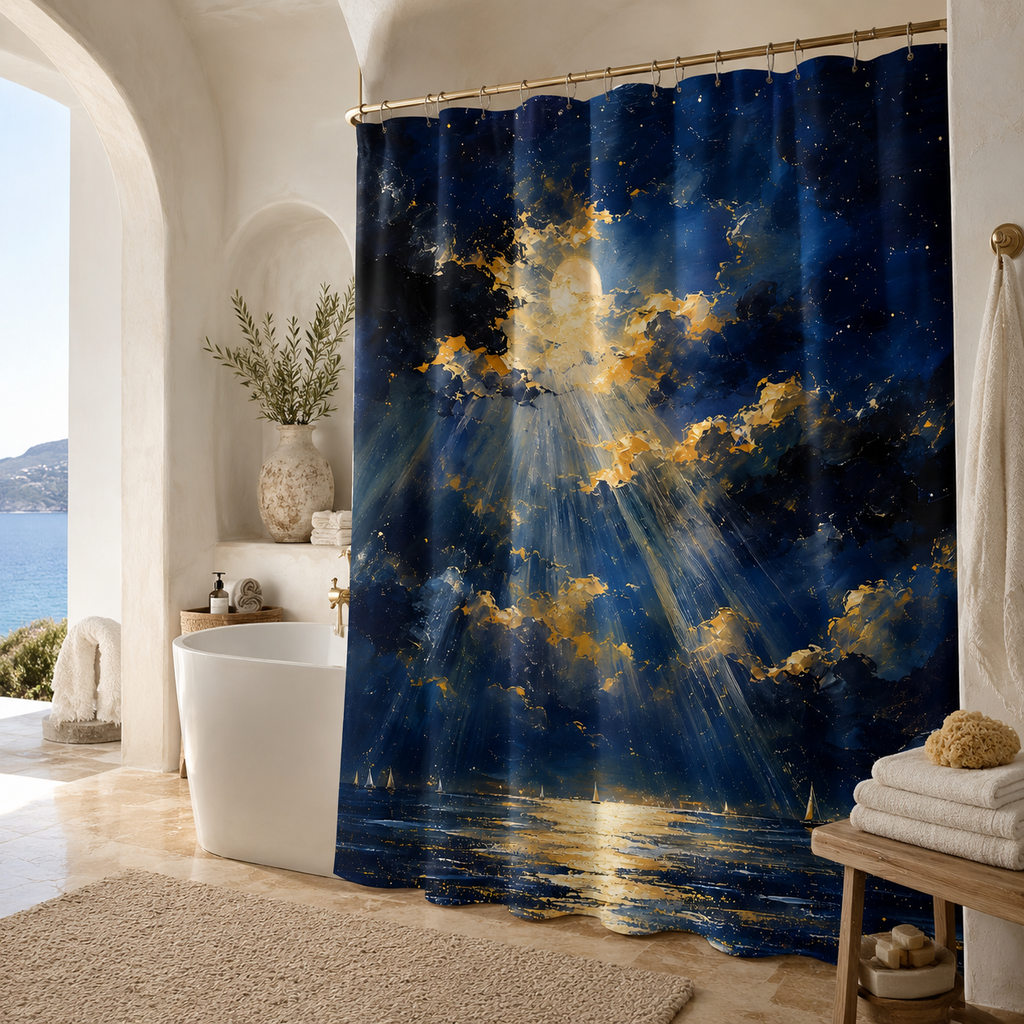 A moonlit ocean print shower curtain in a Mediterranean style bathroom, featuring a arched doorway overlooking the sea, white freestanding bathtub, and natural wooden stool.