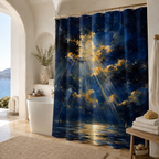 A moonlit ocean print shower curtain in a Mediterranean style bathroom, featuring a arched doorway overlooking the sea, white freestanding bathtub, and natural wooden stool.