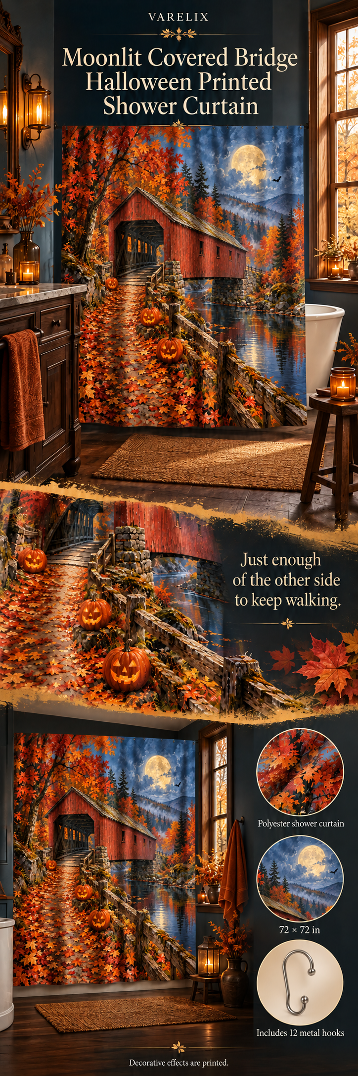 Moonlit Covered Bridge Halloween Printed Shower Curtain by VARELIX, A+ detail poster with verified material, sizes and included items.