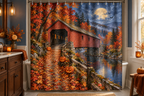Moonlit Covered Bridge Halloween Printed Shower Curtain, lifestyle view 1: Curtain fully drawn across a standard tub, nearly frontal view, entire square print readable, top rail and hooks cropped completely OUT OF FRAME; square print readable; no floor-length distortion.