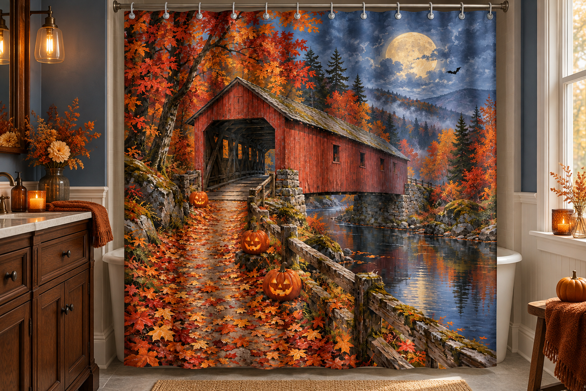 Moonlit Covered Bridge Halloween Printed Shower Curtain, lifestyle view 1: Curtain fully drawn across a standard tub, nearly frontal view, entire square print readable, top rail and hooks cropped completely OUT OF FRAME; square print readable; no floor-length distortion.