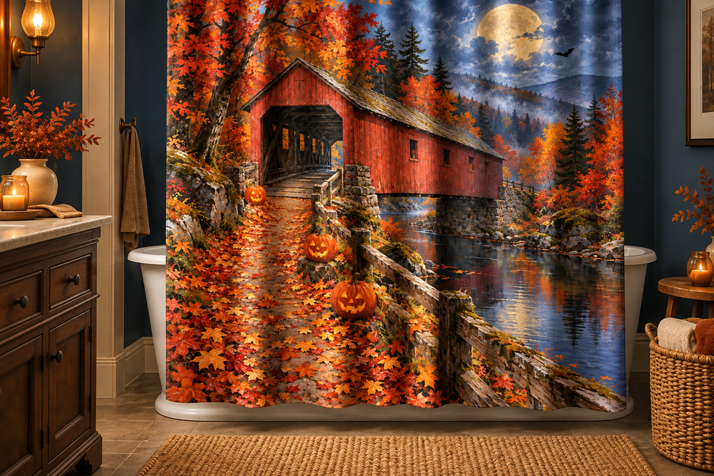 Moonlit Covered Bridge Halloween Printed Shower Curtain, lifestyle view 2: Three-quarter view of a standard tub and square curtain, upper hardware cropped OUT OF FRAME, full printed motif visible with soft vertical folds, no window or fixture passing through cloth.