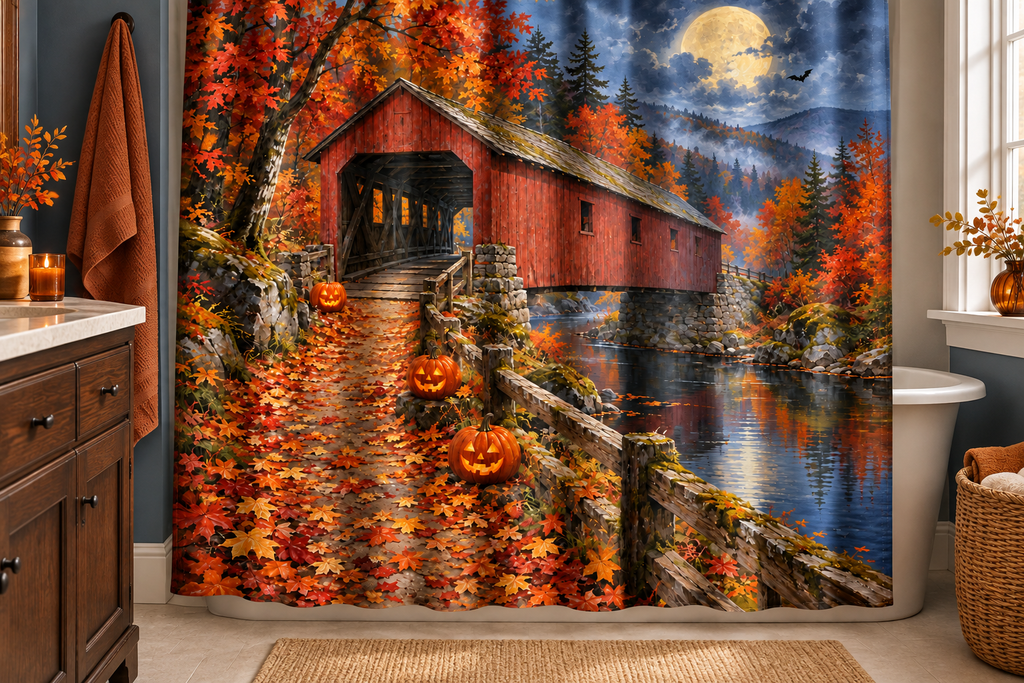Moonlit Covered Bridge Halloween Printed Shower Curtain, lifestyle view 3: A bright bathroom with square curtain as the dominant focal wall, medium-wide editorial view, top hardware deliberately cropped OUT OF FRAME, camera at natural eye level.