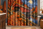 Moonlit Covered Bridge Halloween Printed Shower Curtain, lifestyle view 3: A bright bathroom with square curtain as the dominant focal wall, medium-wide editorial view, top hardware deliberately cropped OUT OF FRAME, camera at natural eye level.