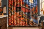 Moonlit Covered Bridge Halloween Printed Shower Curtain, lifestyle view 4: Closer front-angle bathroom view focused on the full square printed curtain, restrained surroundings, realistic fabric folds without hiding the central design; top hardware cropped OUT OF FRAME.