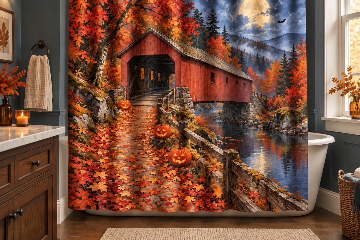 Moonlit Covered Bridge Halloween Printed Shower Curtain, lifestyle view 4: Closer front-angle bathroom view focused on the full square printed curtain, restrained surroundings, realistic fabric folds without hiding the central design; top hardware cropped OUT OF FRAME.