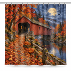 Moonlit Covered Bridge Halloween Printed Shower Curtain on a white background, showing the complete printed design.