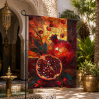 Stained glass pomegranate garden flag displayed in a luxurious Moroccan-style courtyard with tropical greenery.