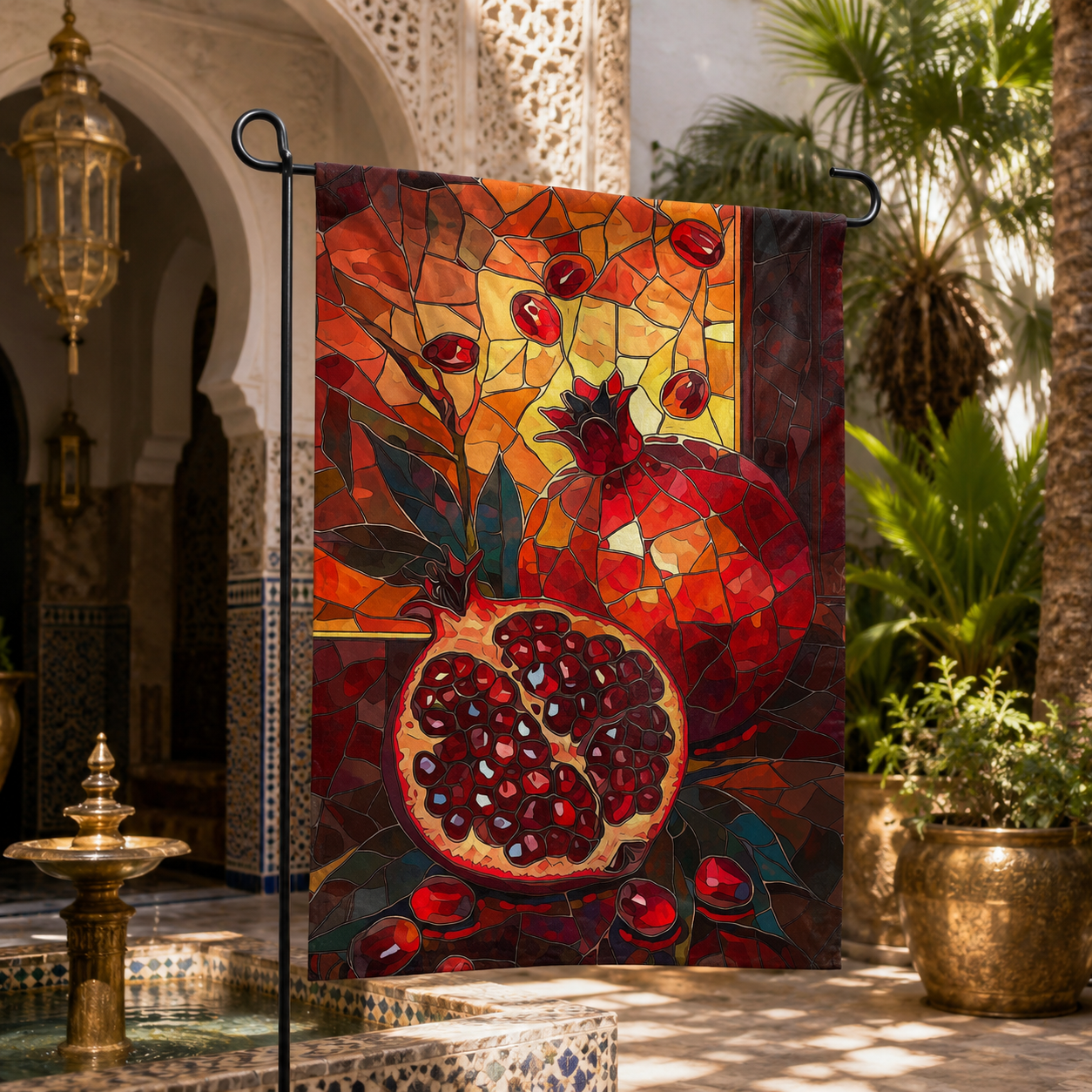 Stained glass pomegranate garden flag displayed in a luxurious Moroccan-style courtyard with tropical greenery.