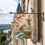 Mosaic bird fountain garden flag hanging from a castle-style balcony