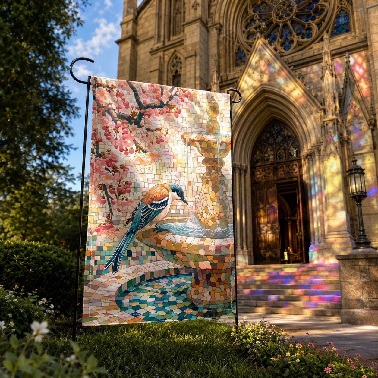 Mosaic bird fountain garden flag displayed near a stained glass cathedral entrance