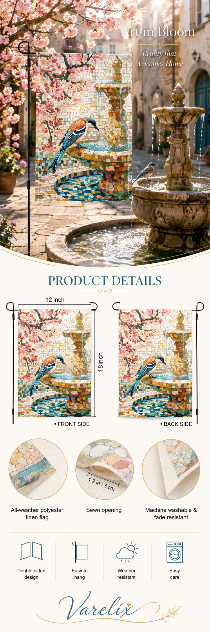 Mosaic bird fountain garden flag infographic with size and quality details