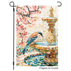 Mosaic bird fountain garden flag with cherry blossoms and colorful tile details