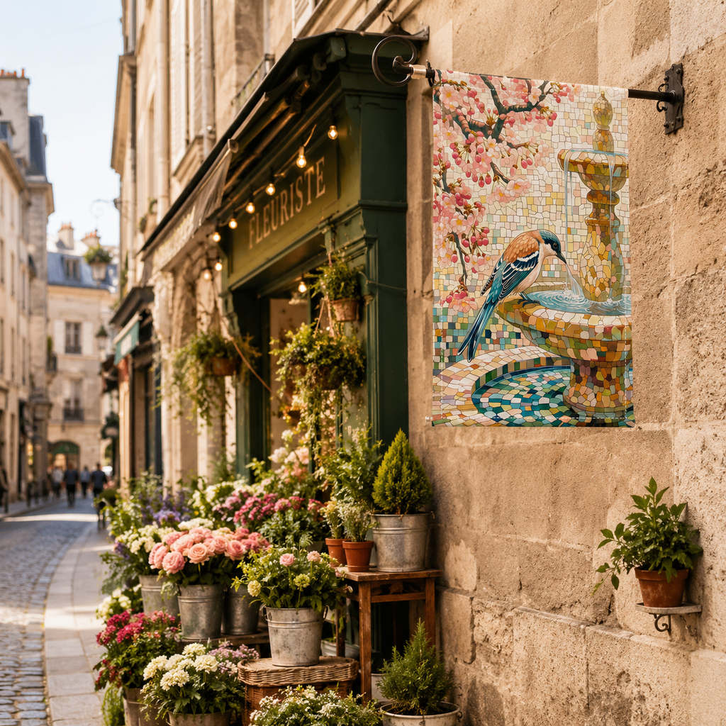 Mosaic bird fountain garden flag displayed outside a flower shop storefront
