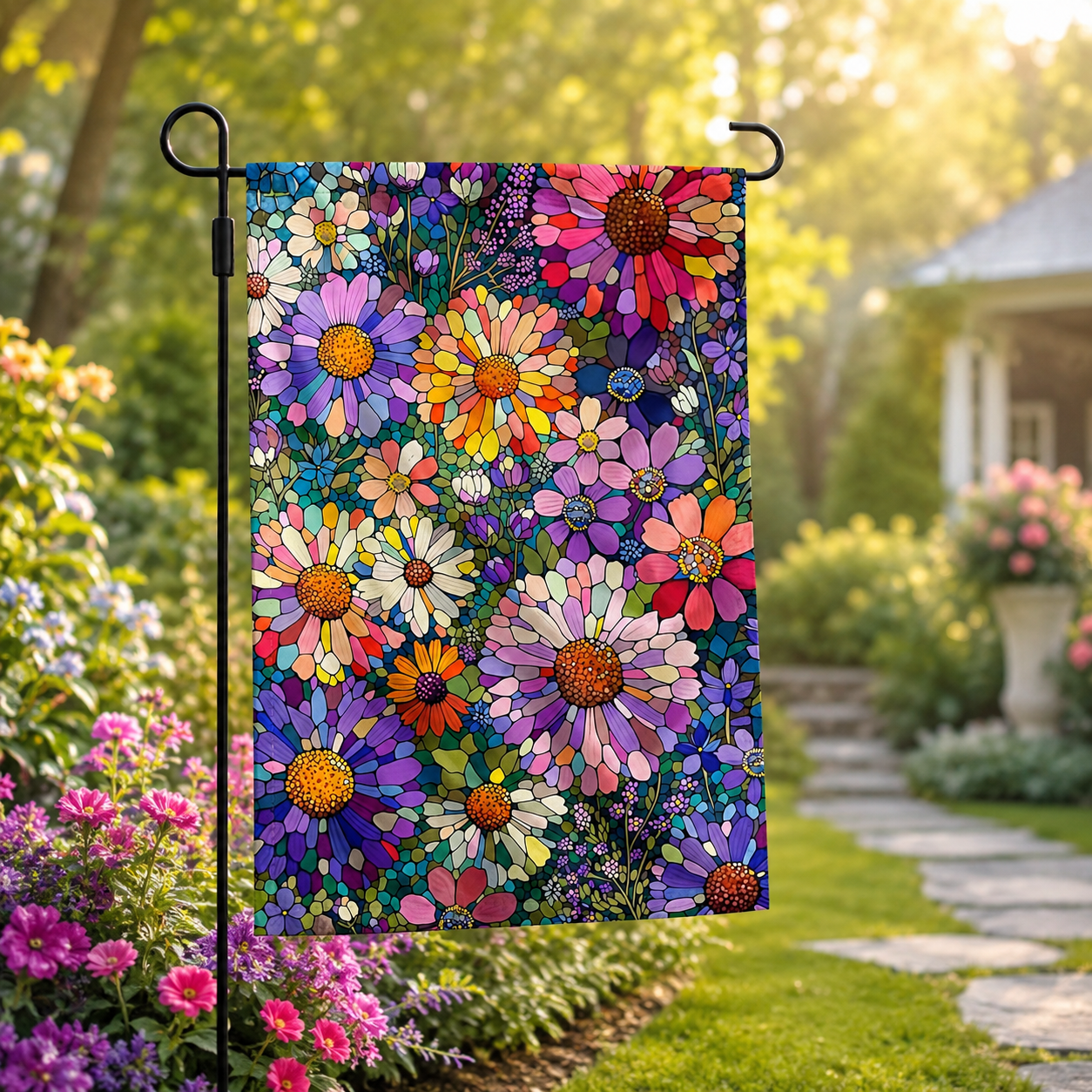 Mosaic floral garden flag displayed beside a sunny garden path with bright flowers and soft greenery.