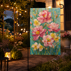 Mosaic peony garden flag displayed along a softly lit evening walkway