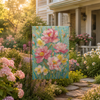 Mosaic peony garden flag hanging in a warm cottage garden path