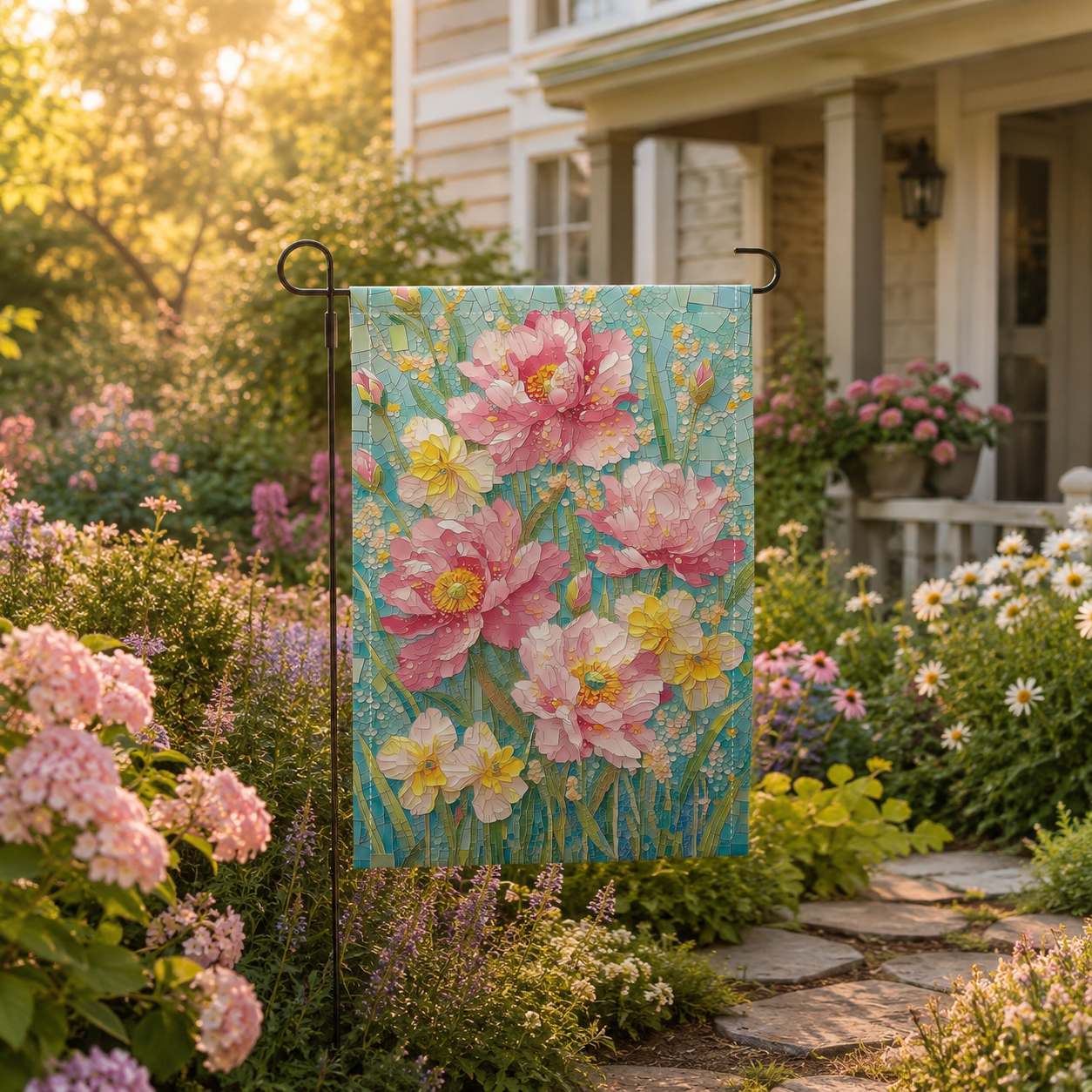 Mosaic peony garden flag hanging in a warm cottage garden path
