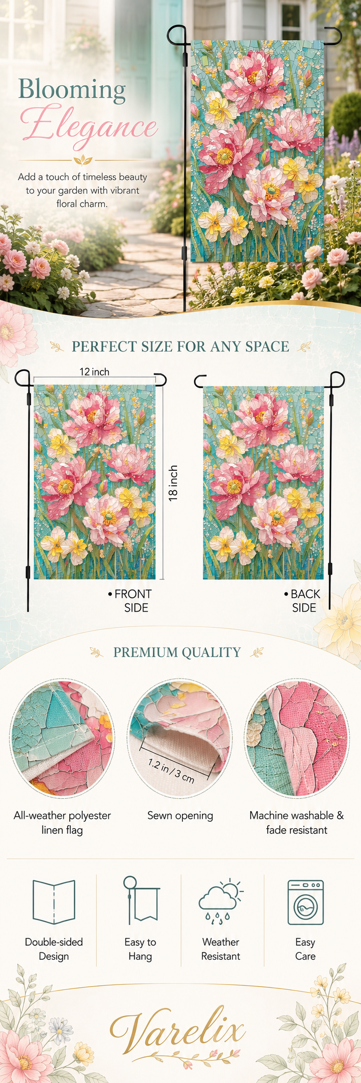 Mosaic peony garden flag infographic showing size, fabric, and easy-care features
