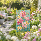 Mosaic peony garden flag displayed in a bright blooming garden