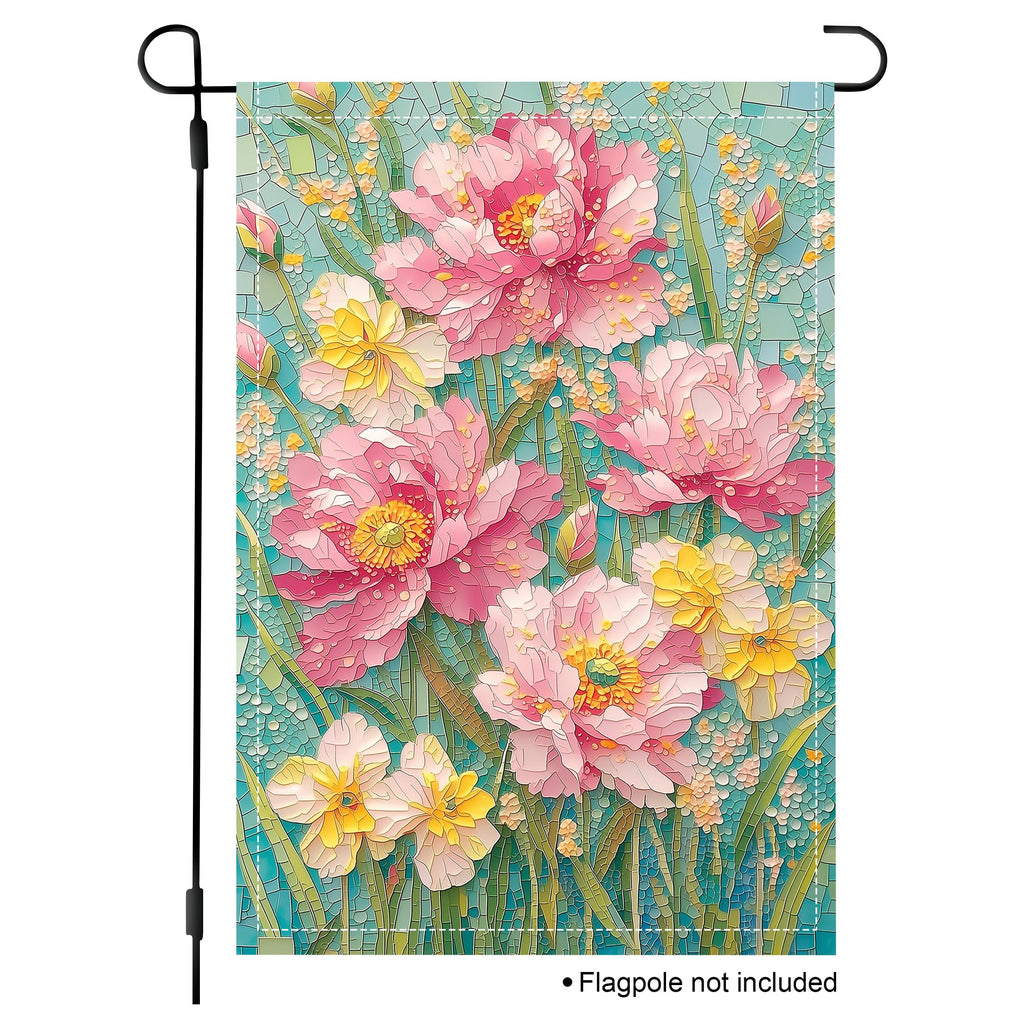 Mosaic peony garden flag with pink flowers on a turquoise background