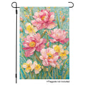Mosaic peony garden flag with pink flowers on a turquoise background
