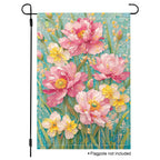 Mosaic peony garden flag with pink flowers on a turquoise background