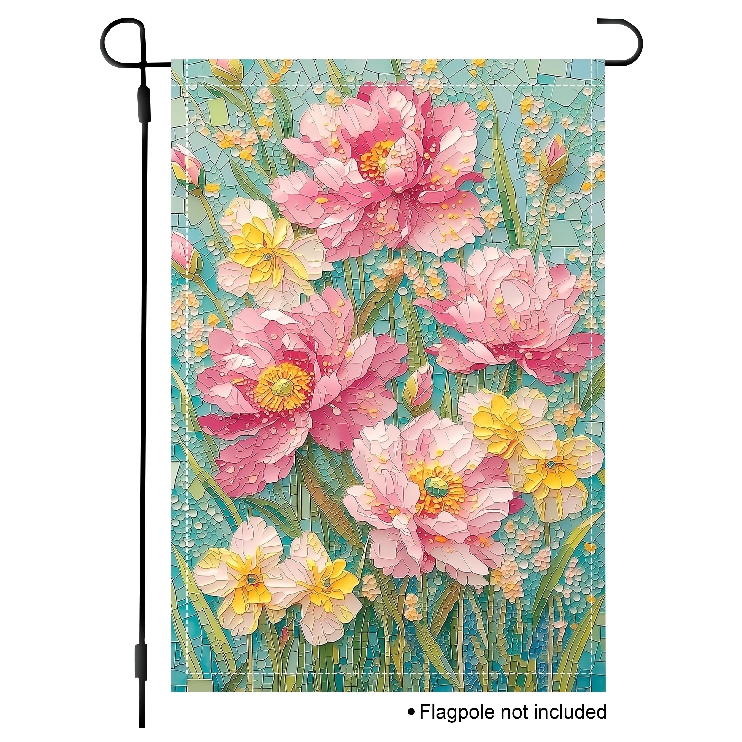 Mosaic peony garden flag with pink flowers on a turquoise background