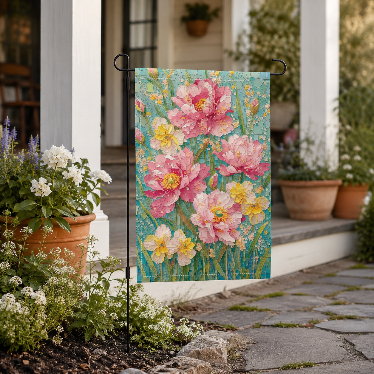 Mosaic peony garden flag styled near a farmhouse porch with potted flowers
