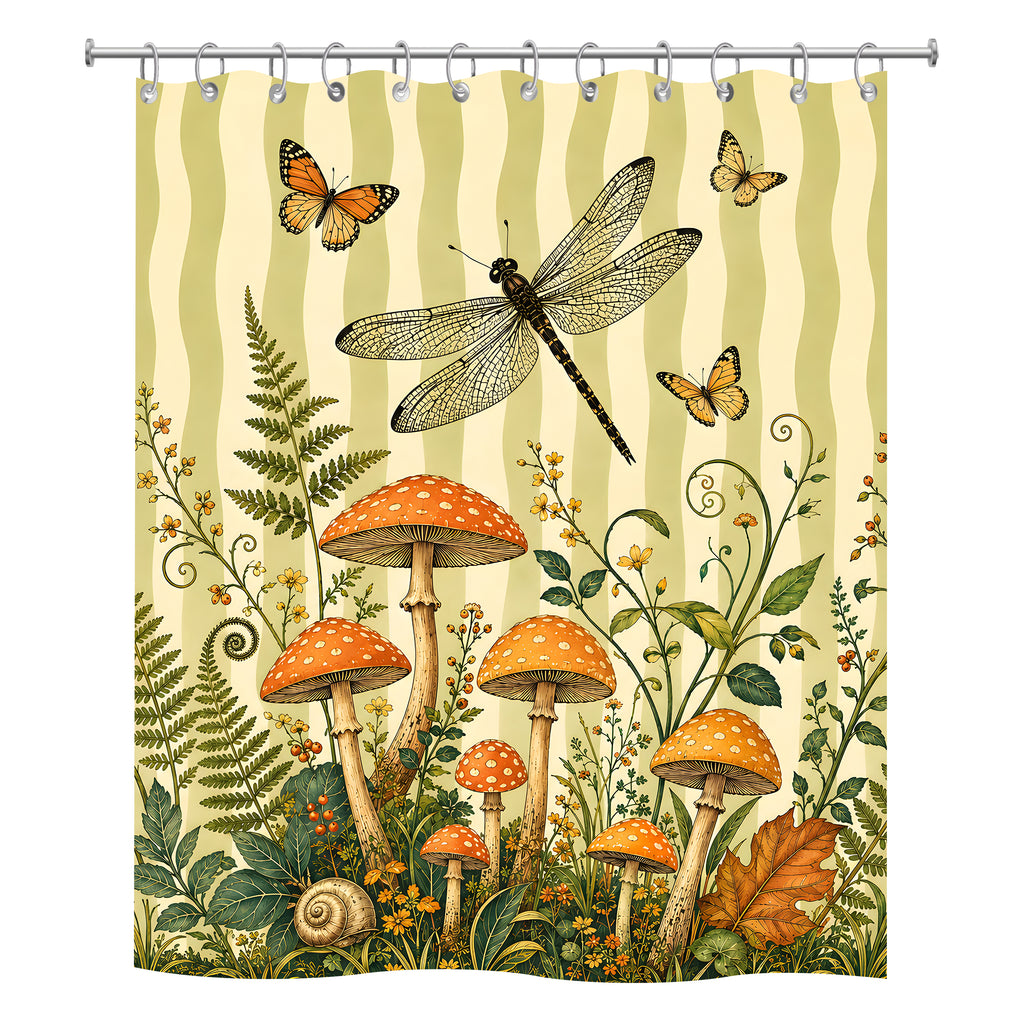 Botanical illustration style shower curtain design with detailed orange mushrooms, ferns, a large dragonfly, and butterflies on a wavy striped background.