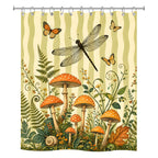 Botanical illustration style shower curtain design with detailed orange mushrooms, ferns, a large dragonfly, and butterflies on a wavy striped background.