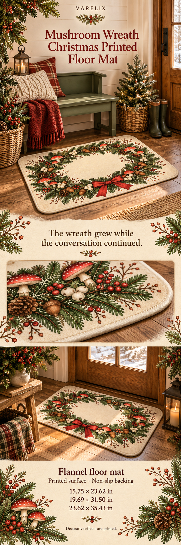 Mushroom Wreath Christmas Printed Floor Mat by VARELIX, A+ detail poster with verified material, sizes and included items.