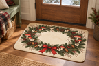 Mushroom Wreath Christmas Printed Floor Mat, lifestyle view 1: One mat laid flat INSIDE the front door, full landscape mat and all four rounded corners visible at small accent-mat scale, angled downward photography.