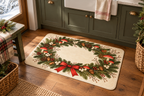 Mushroom Wreath Christmas Printed Floor Mat, lifestyle view 2: One mat on the kitchen floor in front of a sink or coffee station, full printed surface readable, no furniture hiding the design.