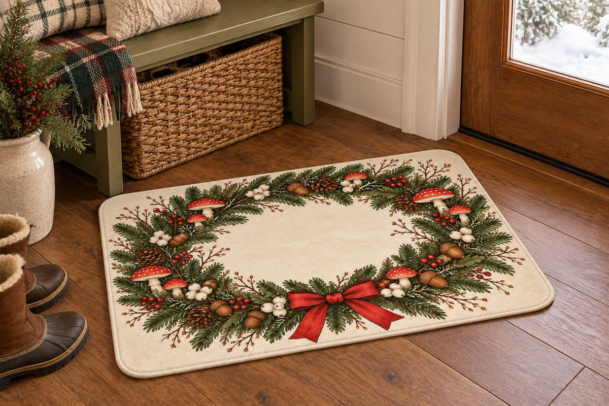 Mushroom Wreath Christmas Printed Floor Mat, lifestyle view 3: One mat in a tidy indoor mudroom beside a small bench, photographed slightly above with realistic 16 by 24 inch scale.